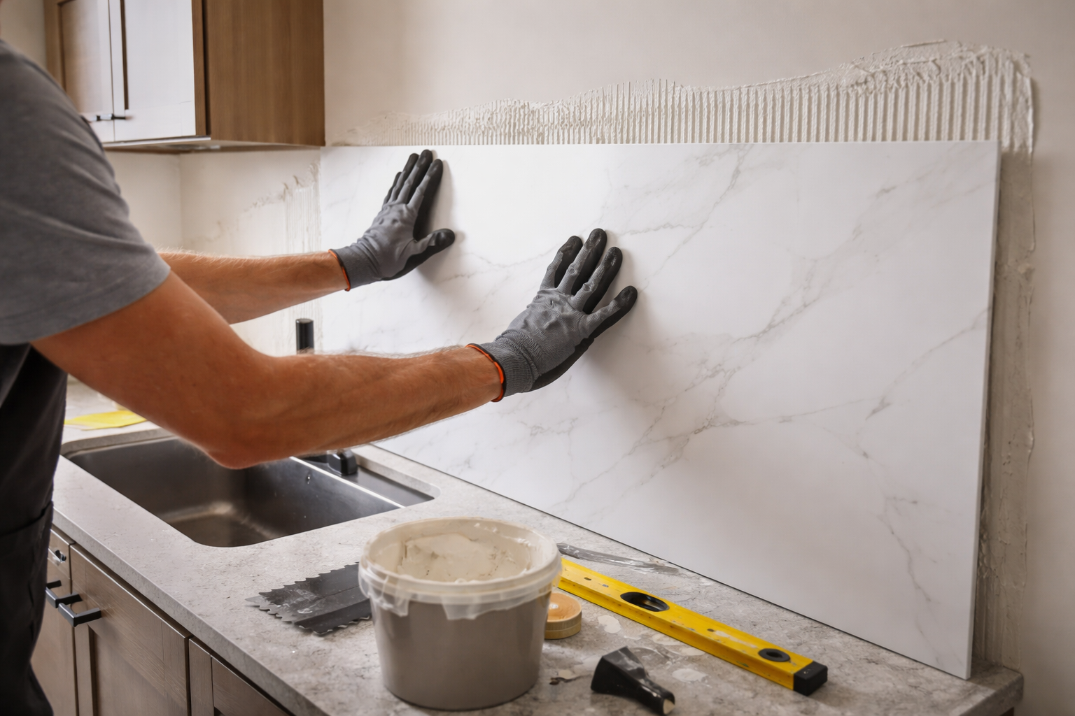  как крепится скинали для кухни на стену